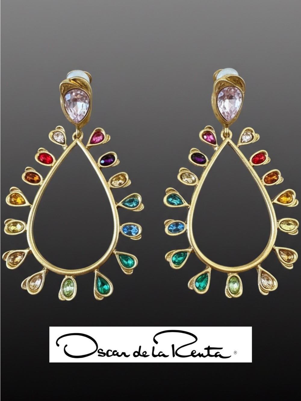 Oscar de la Renta MULTICOLORED GOLD Teardrop Hoop Earrings ⭐️ CLIP ON🩵💚💛🧡❤️🩷 - Picture 5 of 16